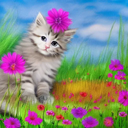 Image similar to cute fluffy kitten sitting in meadow of flowers landscape detailed painting 4 k