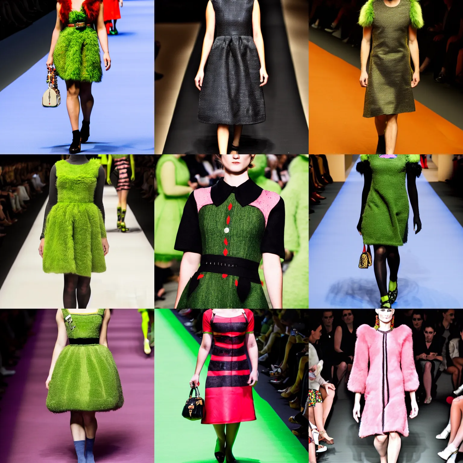 Prompt: shrek wearing a prada dress at the catwalk milan