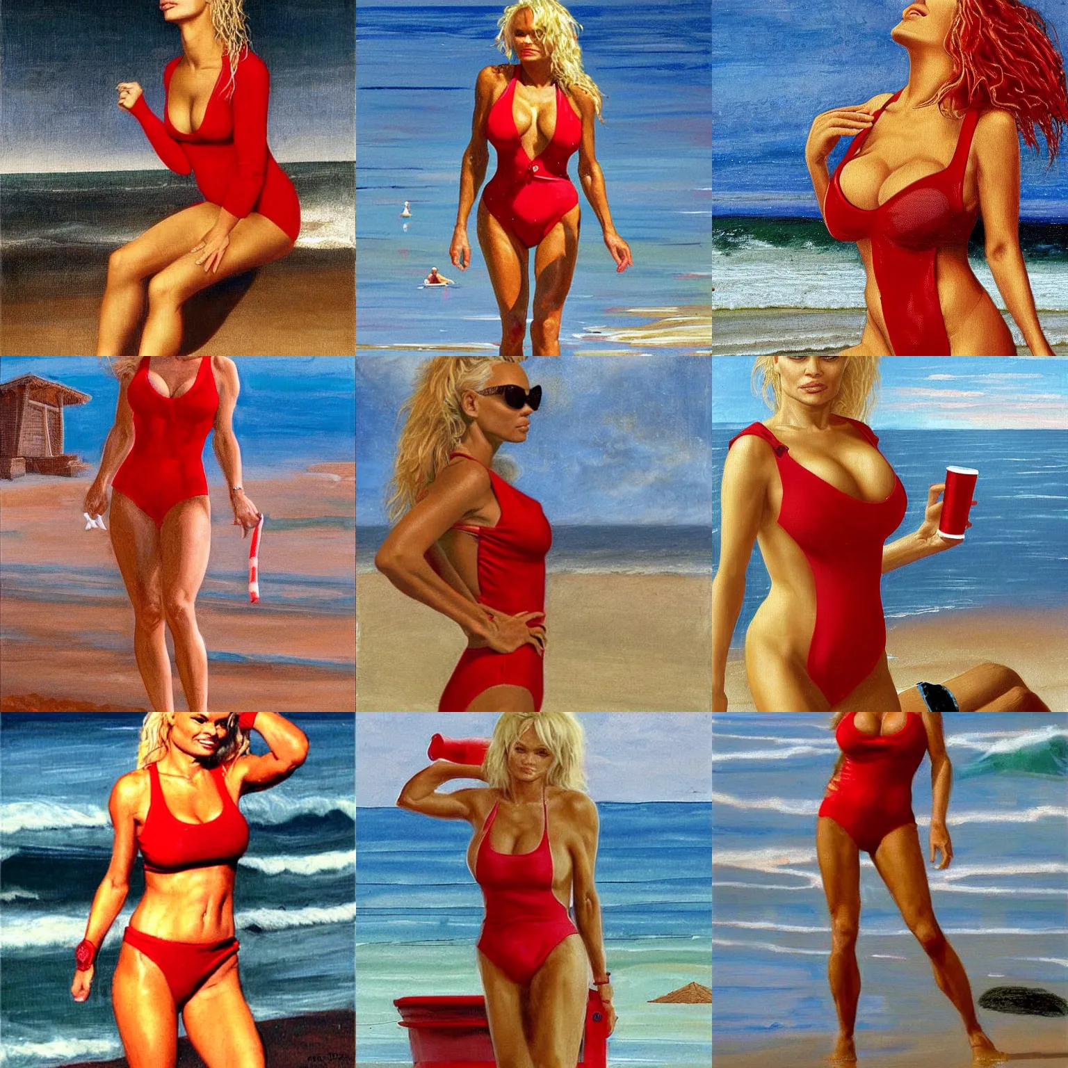 Prompt: pamela anderson in red swimsuit on a beach as a lifeguard, renaissance painting, highly detailed fine art