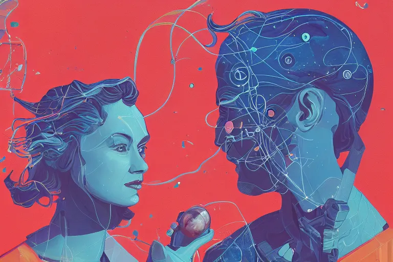 Image similar to a painting of a man and a woman in space, a computer rendering by James Jean, featured on behance, feminist art, photoillustration, surrealist, behance hd