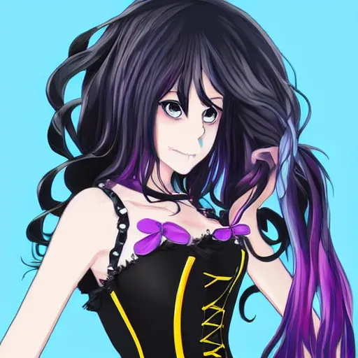 Image similar to a beautiful anime anime anime anime anime anime woman with long black hair, wearing a black corset top and a purple tutu, art by Steve Argyle