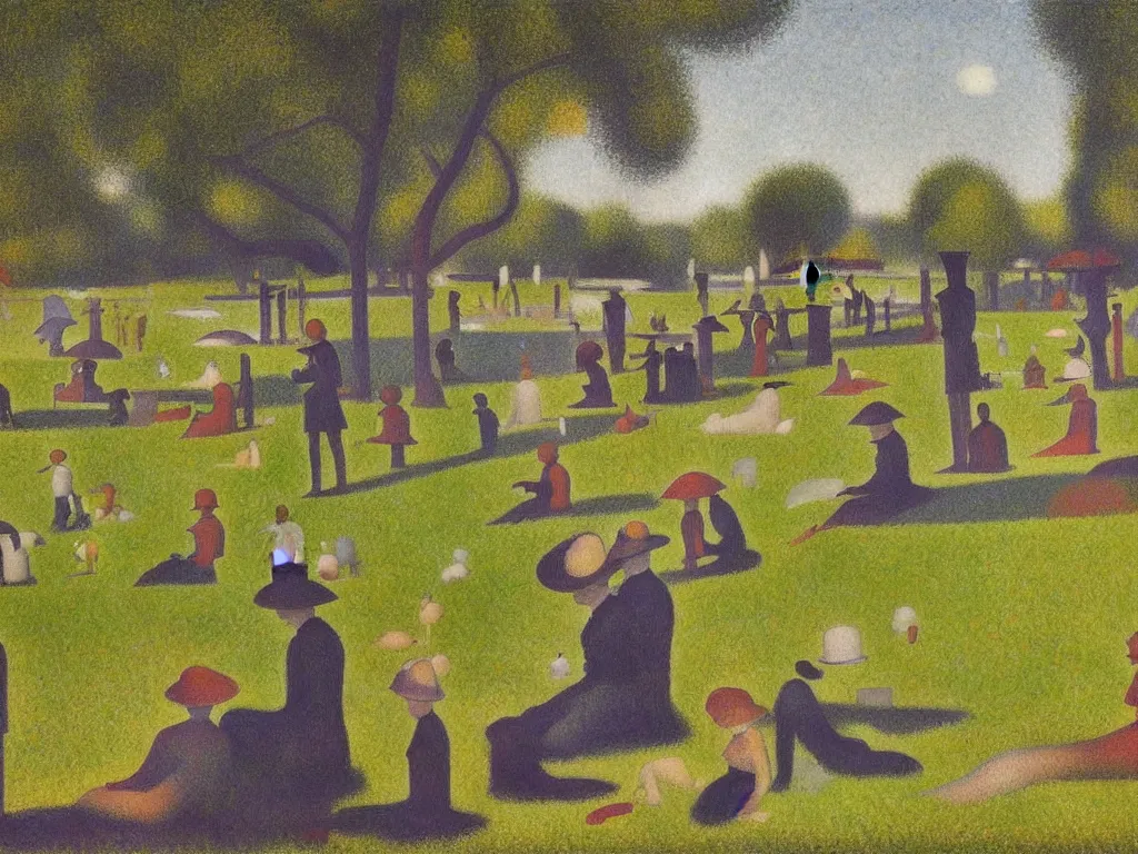 Image similar to a sunny day next to a river, many droids are milling in the park, by Georges Seurat and Moebius, trending on artstation