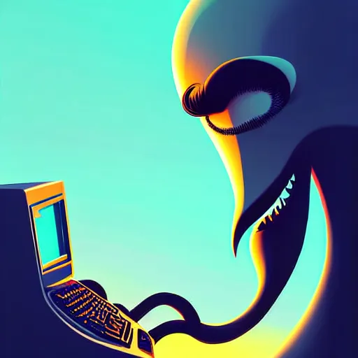 Image similar to curled perspective digital art of curly grey hair bearded man with big nose using a computer by anton fadeev from nightmare before christmas