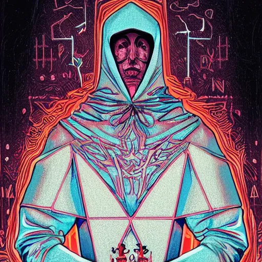 Prompt: hooded figure playing on a chessboard of the mind, symmetry, by josan gonzales , digital art, highly detailed, split complementary colors