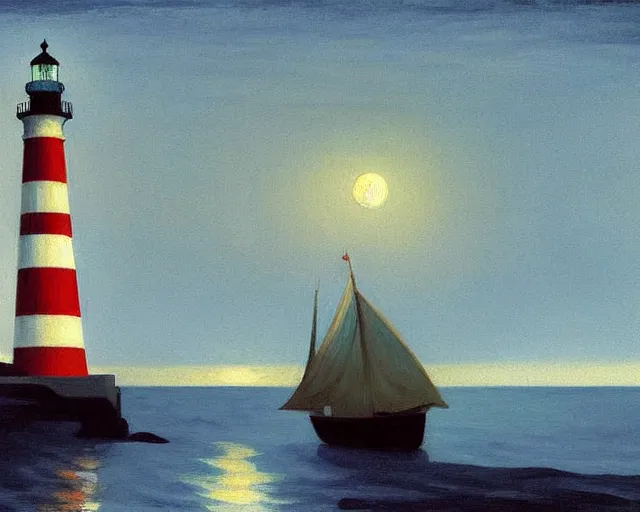 Image similar to a stunning maritime painting of a sailing ship, a lighthouse, the moon, a small house with the lights on, by edward hopper, award winning art, moody lighting