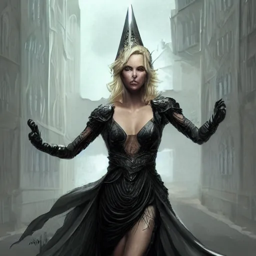 Image similar to a photo of charlize theron as a sorceress, urban motifs, intricate, elegant, highly detailed, digital painting, trending on artstation, concept art, smooth sharp focus, illustration, art by artgerm and greg rutkowski