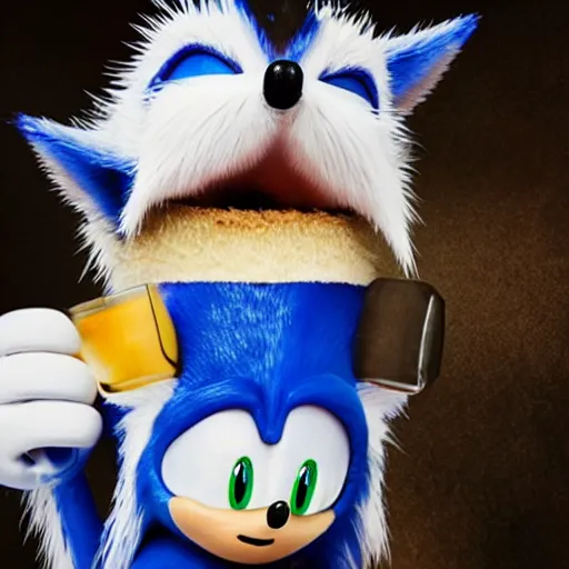 Prompt: photorealistic sonic the hedgehog drinking beer