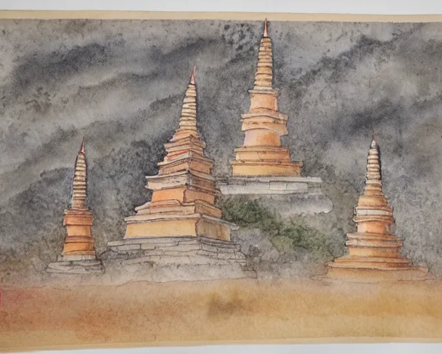 Image similar to twin buddhist pagodas made of stone, in landscape, traditional chinese watercolor,