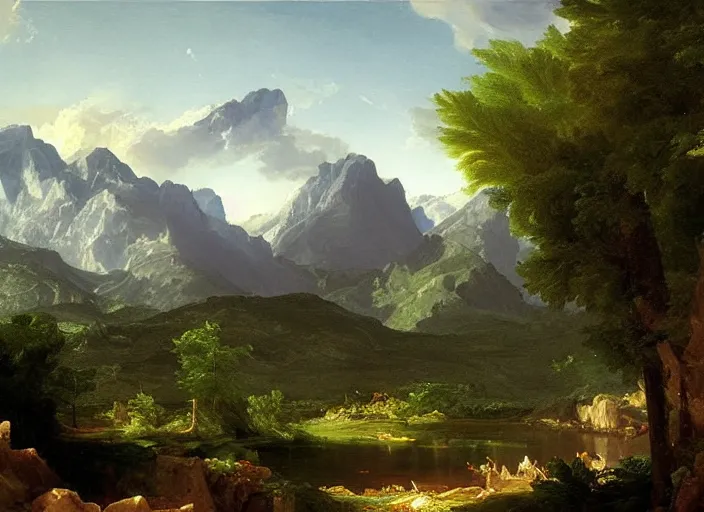 Prompt: painting of a mcdonalds restaurant in front of beautiful mountains by thomas cole