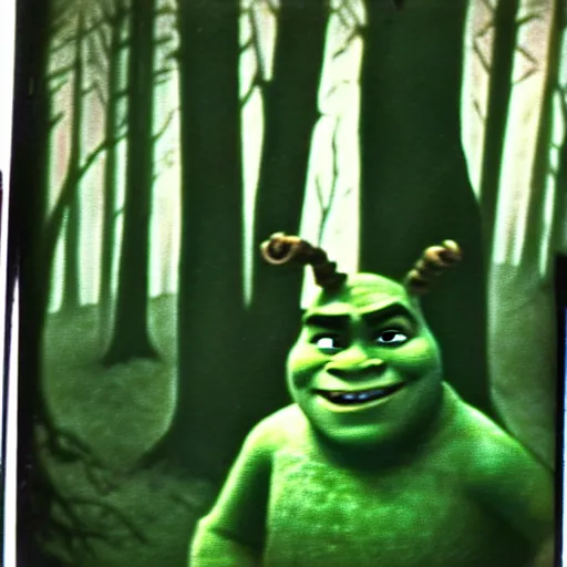 Prompt: 1 9 6 0's old polaroid of shrek staring from the depths of the dark gloomy forest, photorealistic, grainy, found footage, old film, low quality, horror, creepy, unsettling, liminal, strangely terrifying