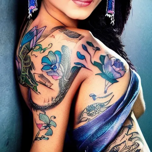 Prompt: photo of princess Jasmine with tattoos, realistic, lifelike, high detail, 8k,