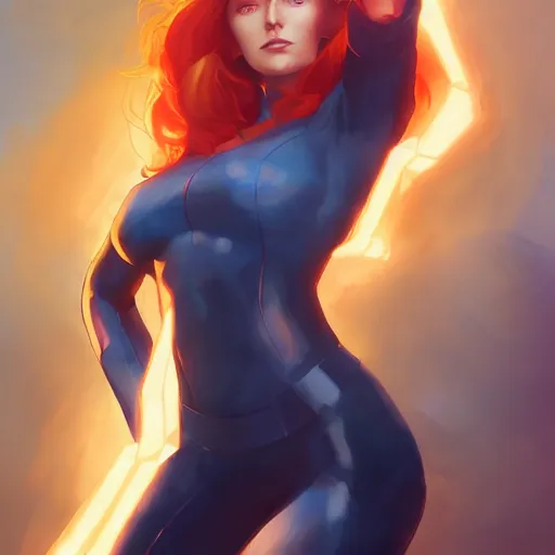 Image similar to jean grey, a half body of jean grey, comic, x - men, marvel, vivid colors, soft lighting, atmospheric, cinematic, moody, in the style of krenz cushart, oil on canvas, 8 k