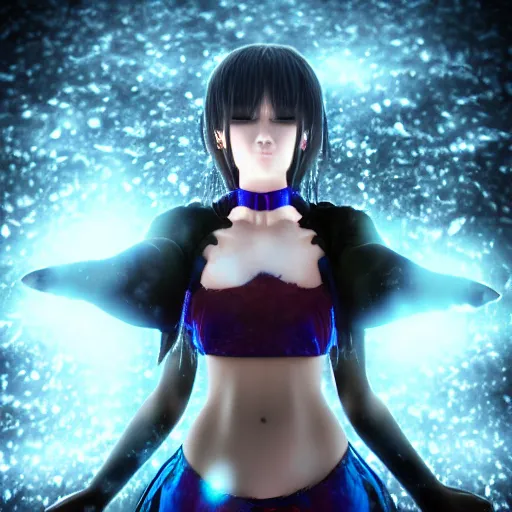 Prompt: photorealistic full body shot of masterpiece angry darkness anime girl, beautifull lovely eyes, posing, electric aura with particles, snowing frozen ice, darkness background, inspired by masami kurumada, akira toriyama, detailed, unreal engine 4 k, volumetric light, fog