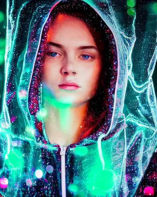 Image similar to a closeup portrait of as beautiful young woman wearing a transparent hoody standing in the middle of a busy night road, raining with lots on neon lights on the background, very backlit, moody feel, dramatic