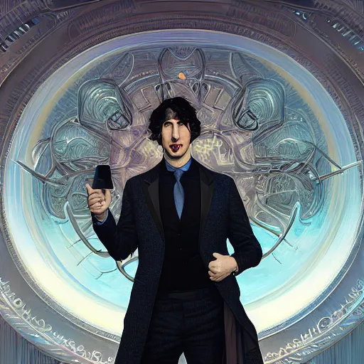 Image similar to photo booth, john oliver with adam driver, john oliver, adam driver, john oliver, stylized, centered, dark, smokey, fantasy, intricate, highly detailed, digital painting, deviant art, art by artgerm, art by greg rutkowski, art by alphonse mucha