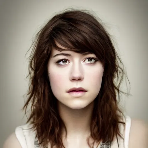 Image similar to a masterpiece portrait photo of a beautiful young woman who looks like a manic pixie dream girl mary elizabeth winstead, symmetrical face