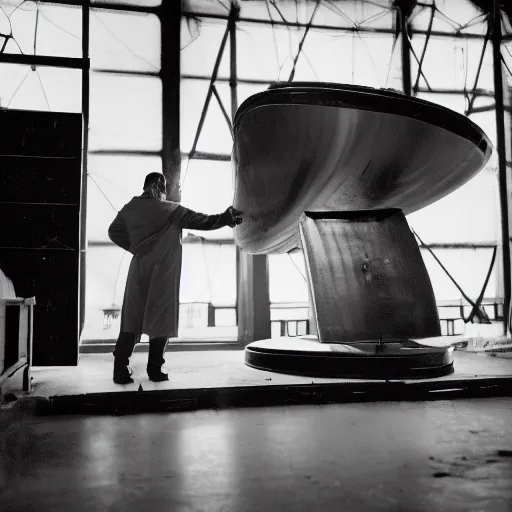 Image similar to scientist studying a sleek black simplistic oval spacecraft in a warehouse, 1 9 2 0's sci - fi, black and white, 8 k, highly ornate intricate details, extreme detail,