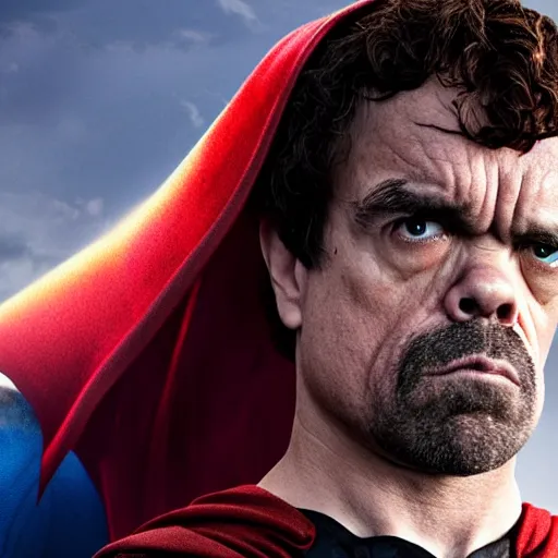 Image similar to stunning awe inspiring peter dinklage as superman, movie still 8 k hdr atmospheric lighting