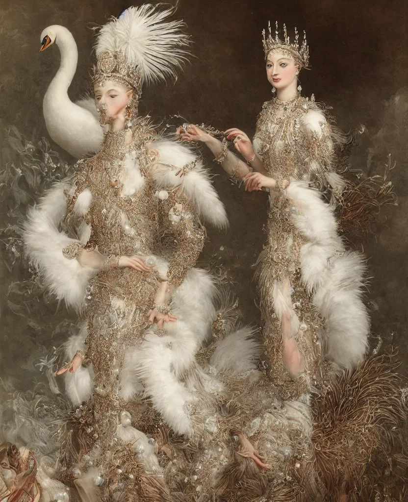 Prompt: a one single queen _ with _ a _ decorated _ dress _ made _ of _ white _ pearls _ and _ white _ plumes _ of _ swan _ highly _ detailed _ digital _ painting