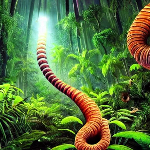 Image similar to « a group of people lost in a detailed jungle with luminescent plants and beautiful tall trees, but there is a giant worm that is hidding »