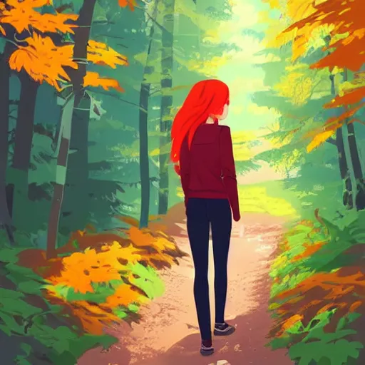 Prompt: a beautiful young woman with red hair hiking through an autumnal forest, clean cel shaded vector art. shutterstock. behance hd by lois van baarle, artgerm, helen huang, by makoto shinkai and ilya kuvshinov, rossdraws, illustration, art by ilya kuvshinov