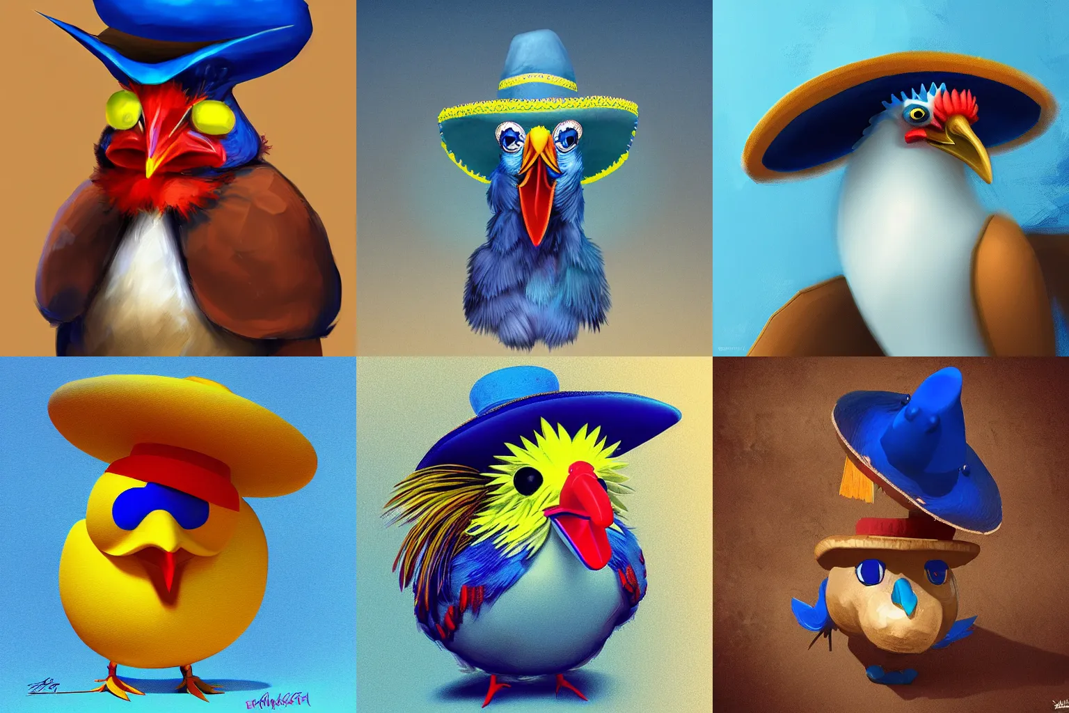 Prompt: blue chicken wearing a sombrero, digital art, trending on artstation