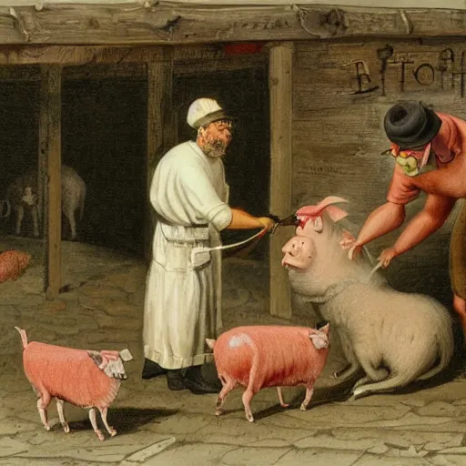 Image similar to butcher feeding a cat, while being watched by a pig, a sheep, a chicken and a cow