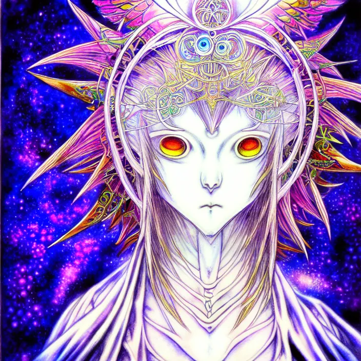 Prompt: stylized art of an psychedelic angelic celestial being by yoshitaka amano, trending on pixiv, anime style, winged head, white gold skin, ayahuasca, sacred geometry, esoteric art, watercolor