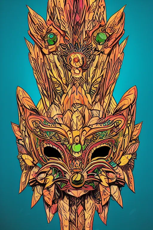 Image similar to animal mask totem roots flower tribal feather gemstone plant wood rock shaman vodoo video game vector cutout illustration vivid multicolor borderlands comics by josan gonzales and dan mumford radiating a glowing aura