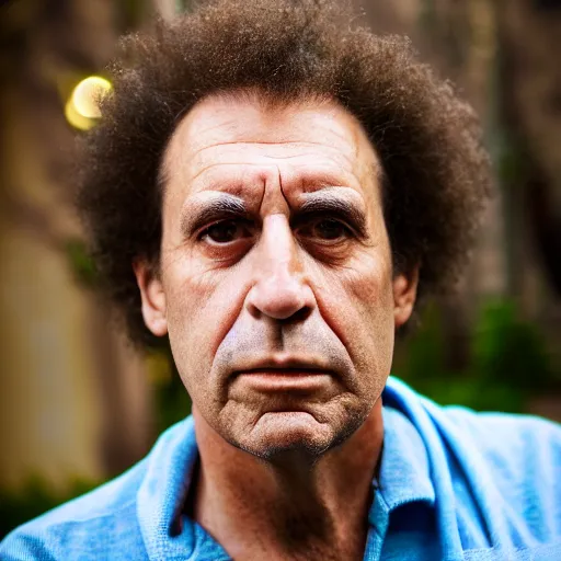 Prompt: portrait photograph, A man who shares the exact same latent space as Cosmo Kramer, pensive, depth of field, bokeh