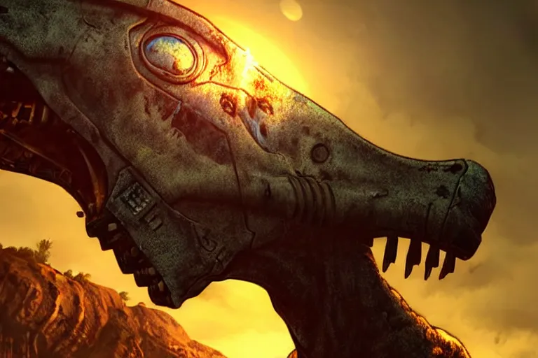 Prompt: fallout 5, a dinosaur as protagonist, head closeup, atmospheric lighting, painted, intricate, volumetric lighting, beautiful, daytime, winter, clear weather, mutated wildlife, sharp focus, deep colours, ultra detailed, art by william turner