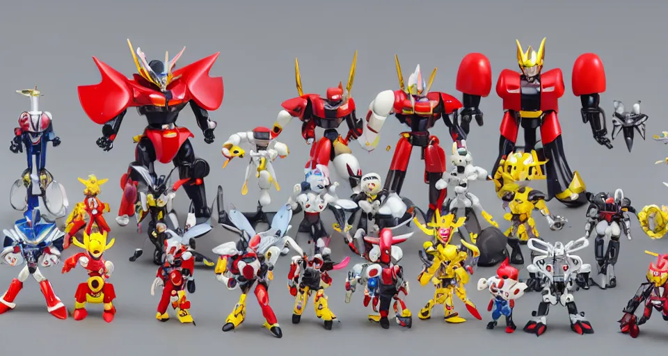 Prompt: a gashapon collection of several super - deformed chibi mecha robot model kit, mazinger, getter robo, gurenn lagann, by hajime katoki, plastic toy, product photo, realistic, symmetrical, octane render, wideshot