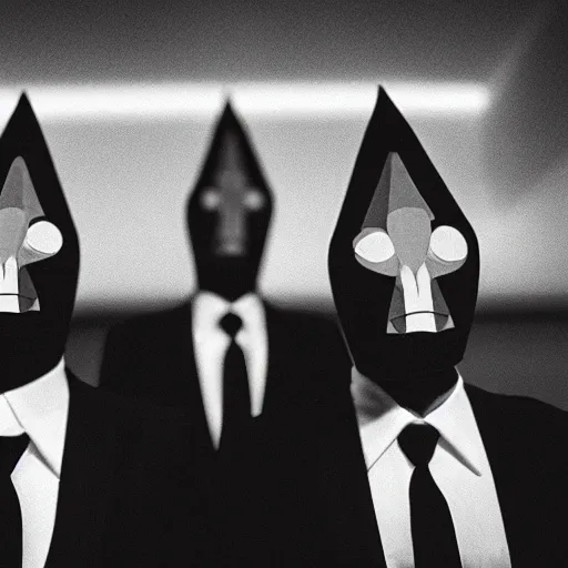 Image similar to conehead puppets wearing suits praying around a illuminated black cube, film grain