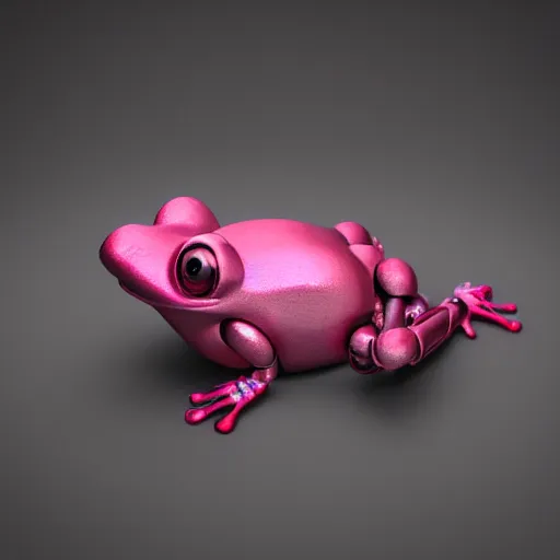 Image similar to A 3d render of steam punk style robotic pink frog. Vray octane. Very detailed. Hyper realism. Studio lighting