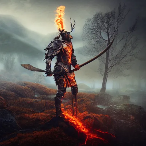 Image similar to full-body-portrait photo brutal nordic Warrior, wearing intricate steel armor, holding magical fiery battle-axe, sharp focus, highland landscape with few trees background, magical aura, heroic pose, fantasy style, octane render, volumetric lighting, 8k high definition, highly detailed, trending on ArtStation, centered