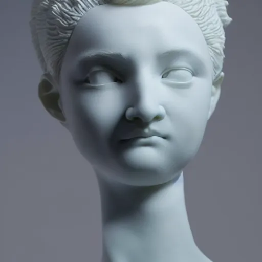 Prompt: full head and shoulders, beautiful female porcelain sculpture by daniel arsham and raoul marks, smooth, all white features on a white background, delicate facial features, white eyes, white lashes, detailed white, lots of real pastel blue hair in a winding geometric hairstyle on the head