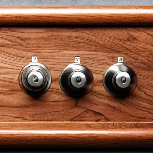 Image similar to technical drawing for a toggle switch made on a piece of walnut wood with stainless steel rod