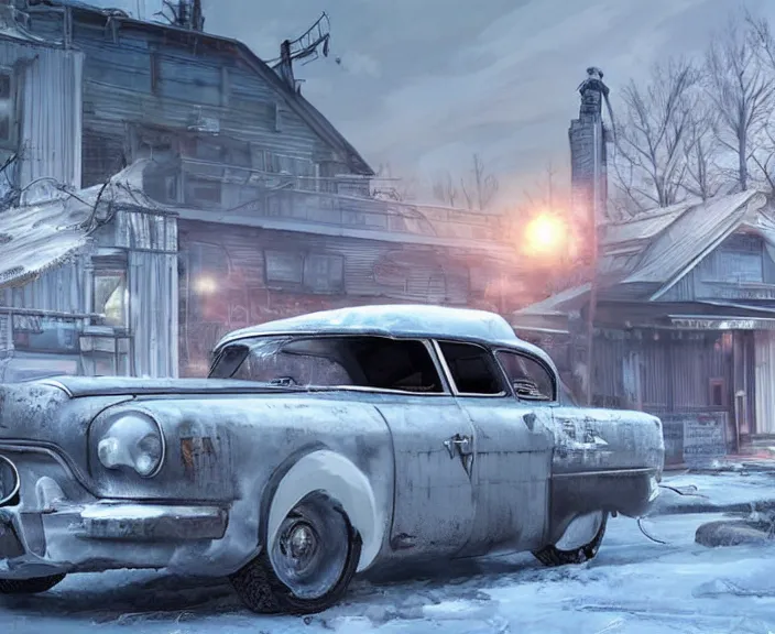Prompt: an ice sculpture of a vintage car from fallout 4, digital art by studio ghibli and greg rutkowski, beautiful, cold environment, hyperrealism artstyle, amazing lighting