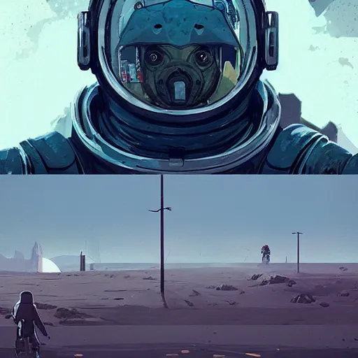 Image similar to astronaut panzerwolf made of steel, in heavy armor, by simon stalenhag, by ian pesty and alena aenami and makoto shinkai, concept art, matte painting, washed colors,