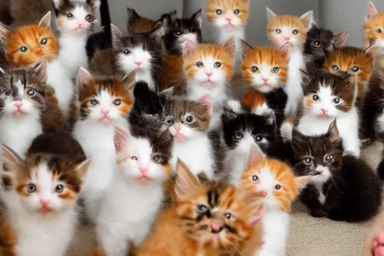 Image similar to a living room full of cute kittens that are all sitting positioned facing directly at the camera and all of the kittens are looking directly into the camera