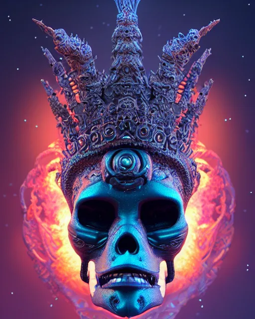 Image similar to 3 d ornate carved dark cosmic king with profile portrait, sigma 5 0 0 mm f / 5. beautiful intricate highly detailed quetzalcoatl skull. bioluminescent, plasma, lava, ice, water, wind, creature, thunderstorm! artwork by tooth wu and wlop and beeple and greg rutkowski, 8 k trending on artstation