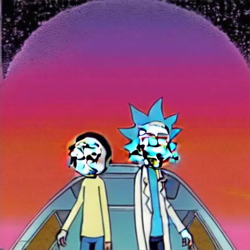 Prompt: Rick and Morty flying in their spaceship in the style of Akira, 2000s manga, anime, Japan