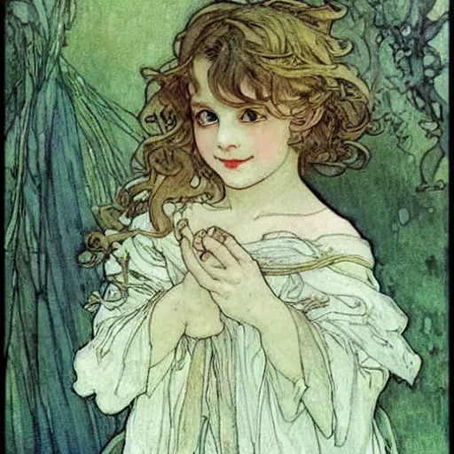 Prompt: a cute little girl fairy with a mischievous face and short brown wavy curly hair. well composed, clean elegant painting, beautiful detailed face. art by arthur rackham and alphonse mucha