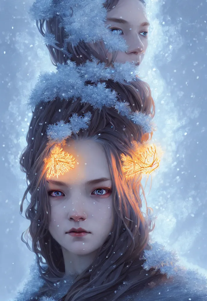 Prompt: a head and shoulders shot of a beautiful ancient frost witch, eye fire, snow glow, snowfall, highly detailed, digital painting, artstation, sharp focus, illustration, art by tan zi and ayanamikodon and alphonse mucha and wlop