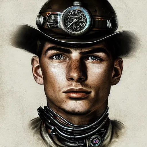 Image similar to portrait of max verstappen, face to camera, steampunk art, realistic face,, super high detail, super high quality, talented artist, trending on artstation, machinarium