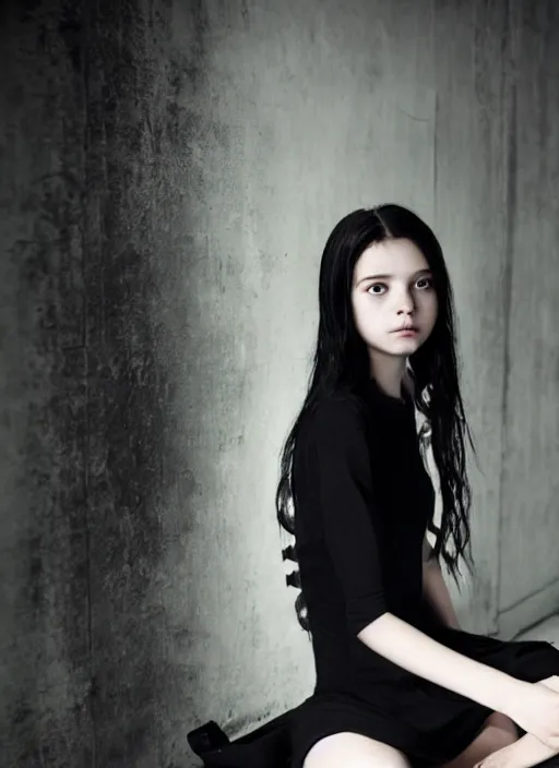 Image similar to a 1 4 year old girl eveline from resident evil 7 with straight long black hair wearing black dress that sitting on bathroom floor, photo for vogue, model エリサヘス s from acquamodels, render in re engine