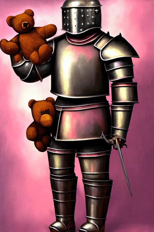 Image similar to a matte oil painting of a knight in full iron plate armor that is holding a teddy bear, inside a pink bedroom, in the style of an oil painting and d & d art, fullbody, photorealistic, sharp focus, award - winning, extremely detailed, 4 k,