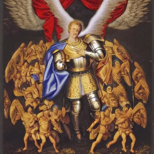 Image similar to prince william wearing knight's armor with heavenly angels surrounding him