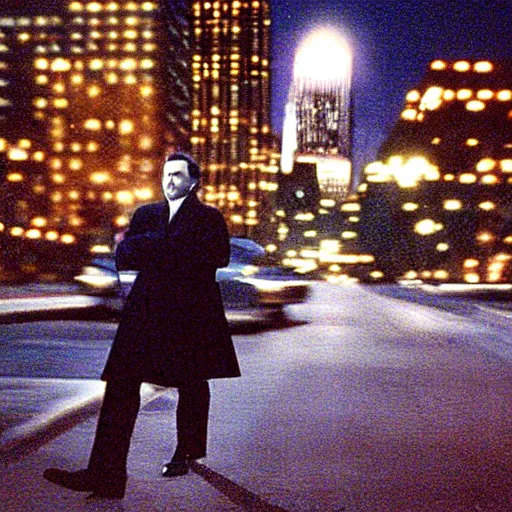 Image similar to 1 9 9 8 peter the great wearing a black wool coat and necktie in his car driving through the streets of chicago at night. cinematic dramatic atmosphere, sharp focus, soft volumetric studio lighting. high detail, photorealistic