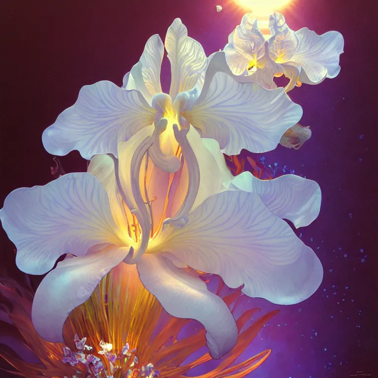 Image similar to detailed giant white holographic orchid iris hybrid flower surrounded by ocean waves, lsd water, lsd ripples, droplets, backlit, sunset, refracted lighting, art by collier, albert aublet, krenz cushart, artem demura, alphonse mucha